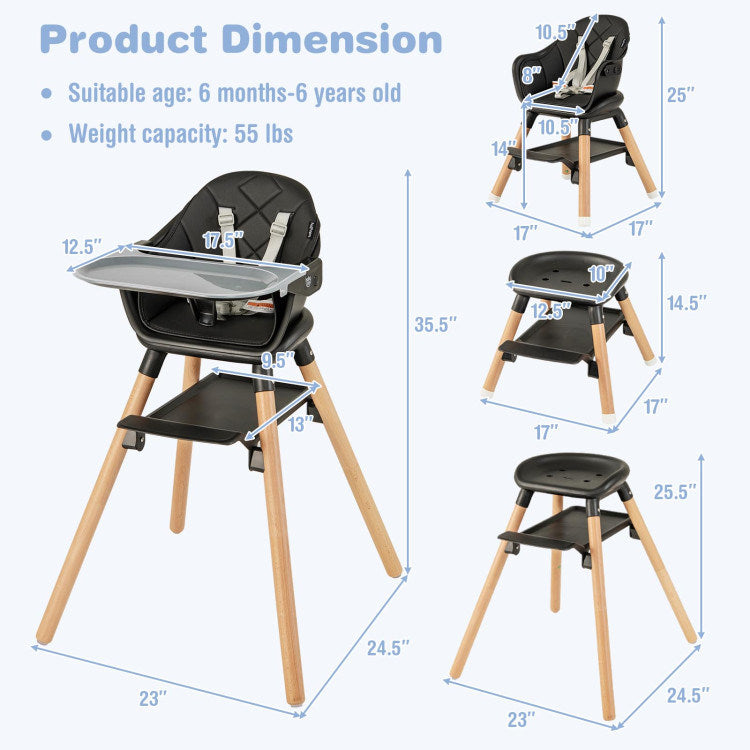 6 in 1 Convertible Highchair with Safety Harness and Removable Tray