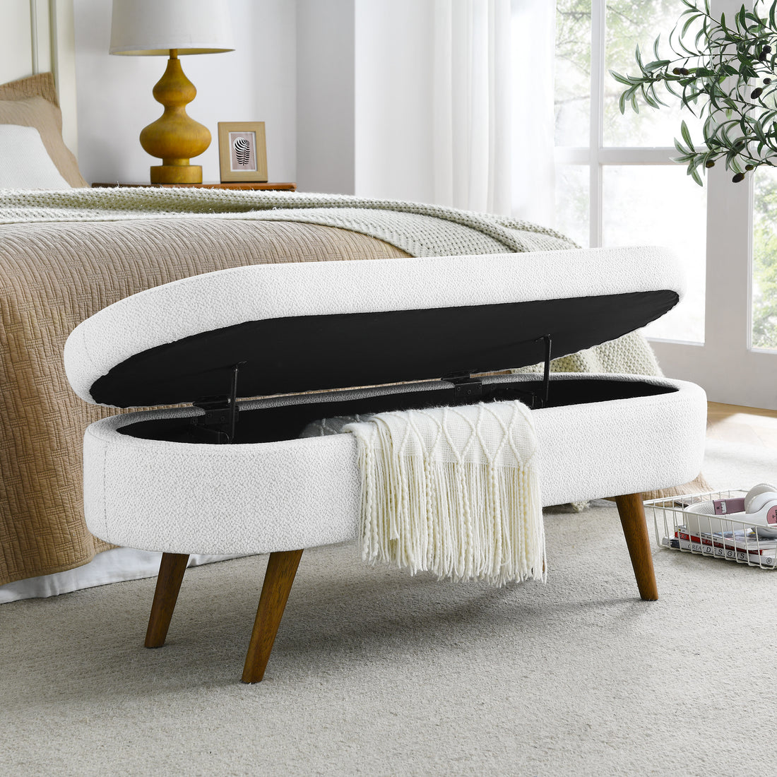 Ottoman Oval Storage Bench,Rubber Wood Legs,White(43.5&quot;x16&quot;x16&quot;)