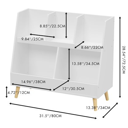 Kids Bookshelf and Toy Organizer, 5 Cubbies Wooden Open Bookcase, 2-Tier Baby Storage Display Organizer with Legs, Free Standing for Playing Room, Bedroom, Nursery, Classroom, White