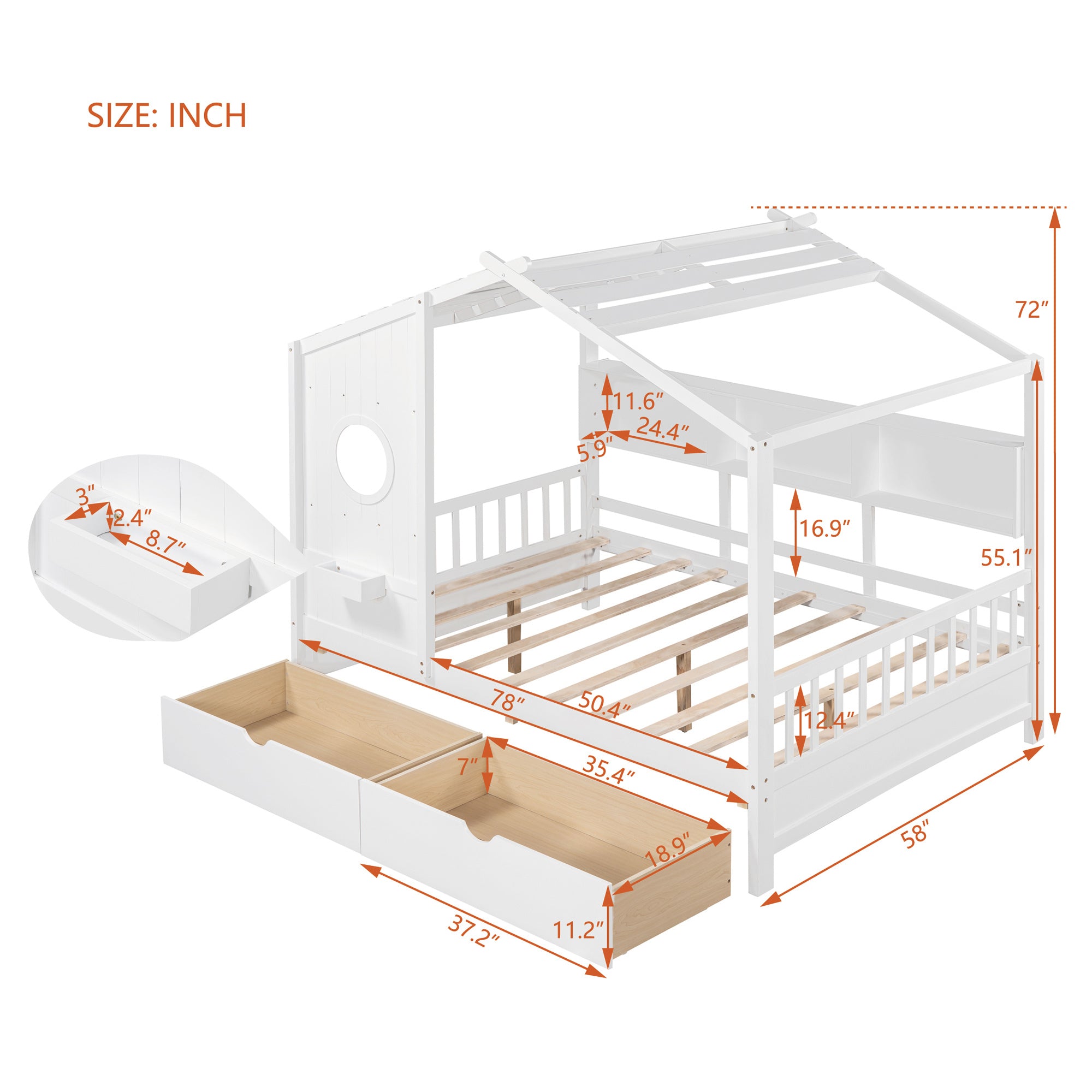 Wooden Full Size House Bed with 2 Drawers,Kids Bed with Storage Shelf