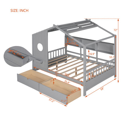 Wooden Full Size House Bed with 2 Drawers,Kids Bed with Storage Shelf