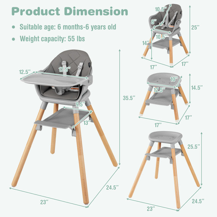 6 in 1 Convertible Highchair with Safety Harness and Removable Tray