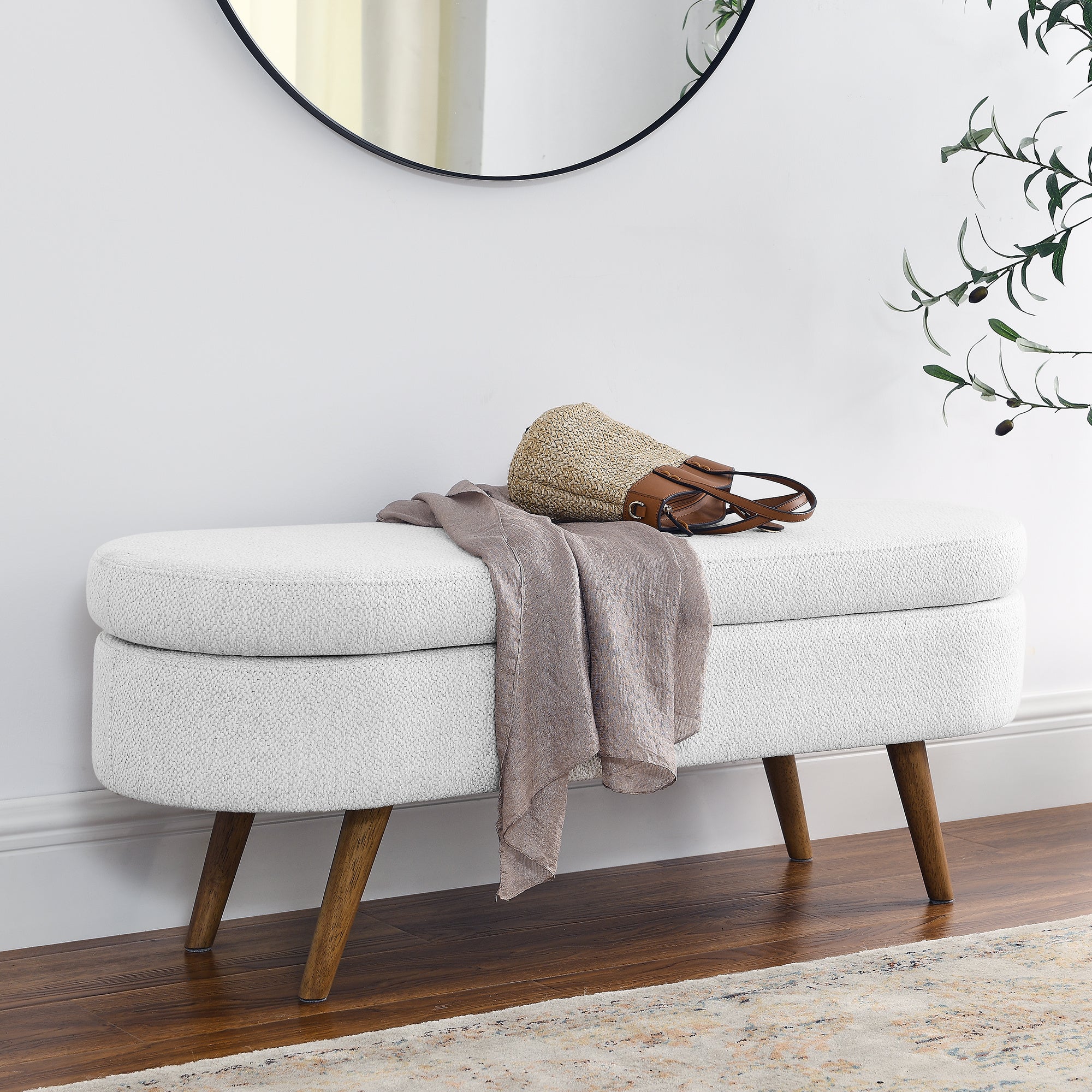 Ottoman Oval Storage Bench,Rubber Wood Legs,White(43.5&quot;x16&quot;x16&quot;)