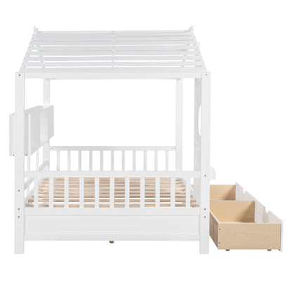 Wooden Full Size House Bed with 2 Drawers,Kids Bed with Storage Shelf