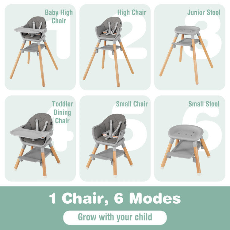 6 in 1 Convertible Highchair with Safety Harness and Removable Tray