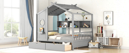 Wooden Full Size House Bed with 2 Drawers,Kids Bed with Storage Shelf